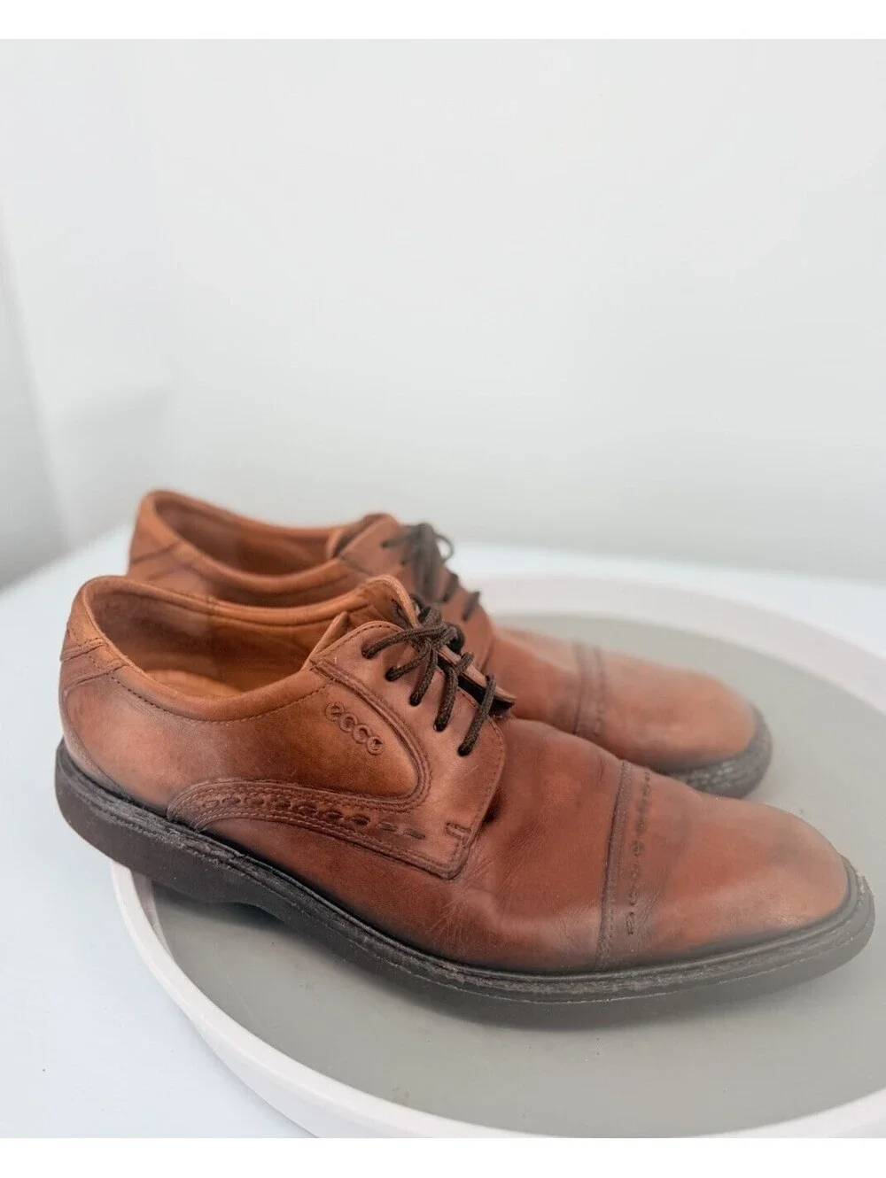 ECCO Men's Cap Toe Derby Dress Shoes Brown Leather Extra Width US 10.5 Vibram